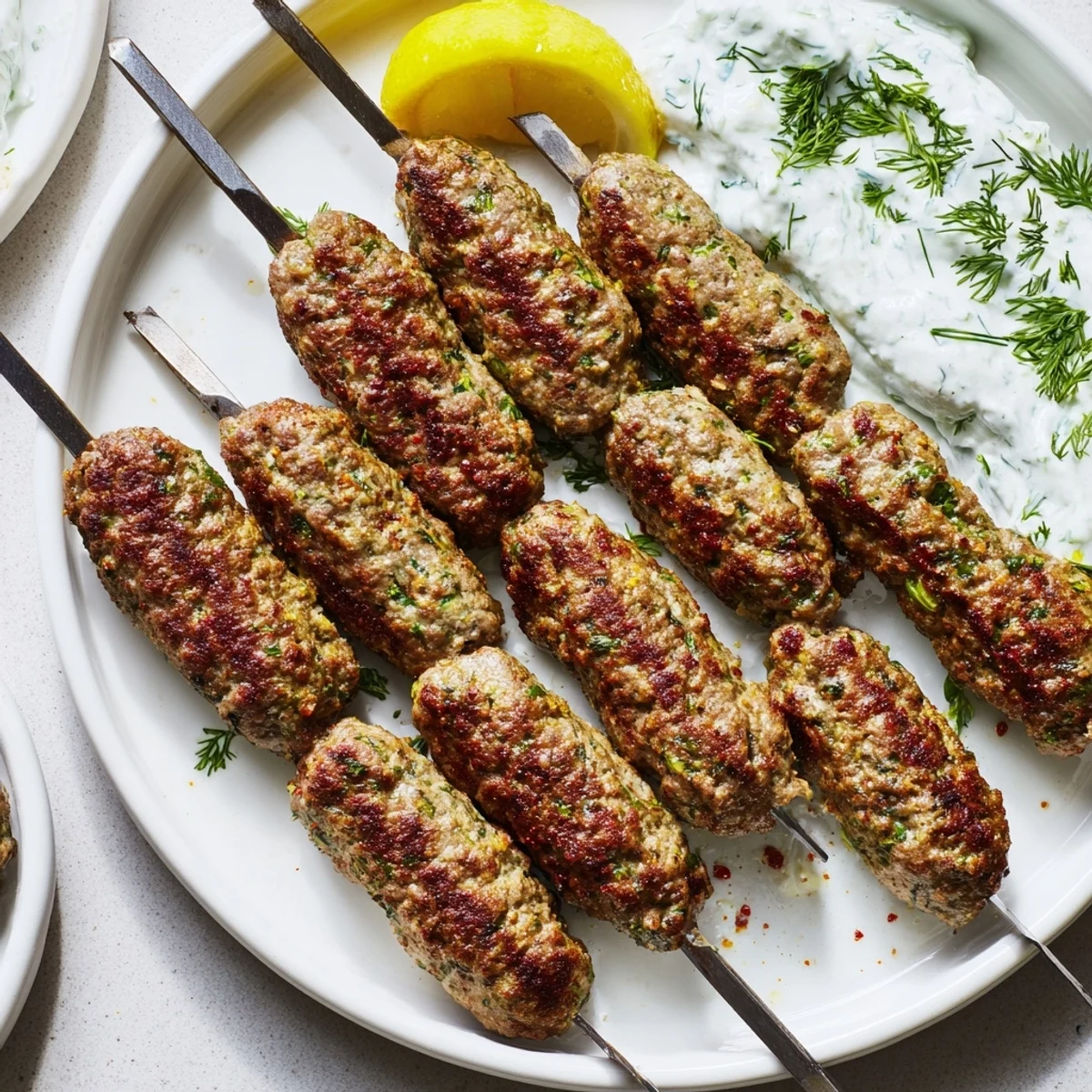 Grilled beef kofta kebabs served with creamy cucumber yogurt sauce, perfect for summer eating.