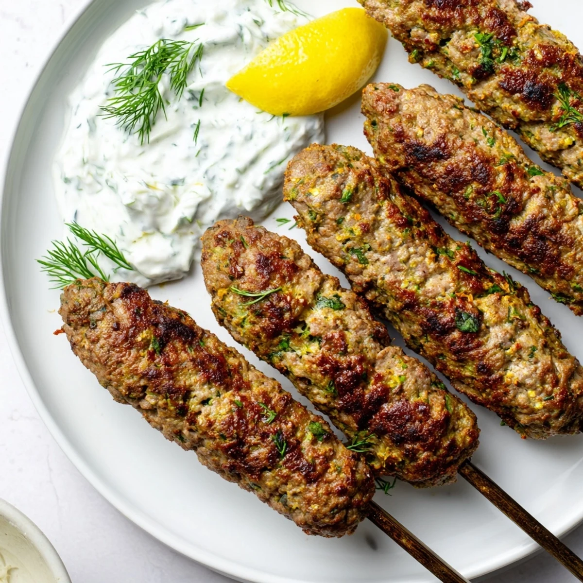 Savory beef kofta kebabs with vibrant herbs, ready to be dipped into refreshing yogurt sauce.