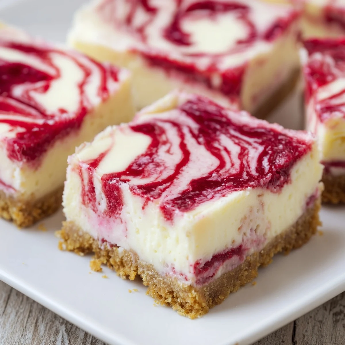 A square of delicious Raspberry White Chocolate Cheesecake Bars with a beautifully swirled raspberry topping.