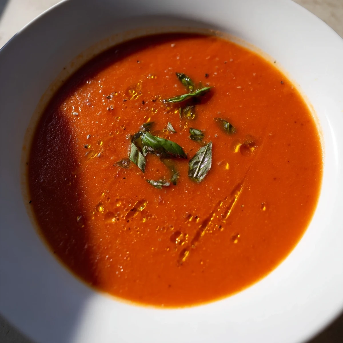 Creamy Roasted Garlic and Tomato Basil Soup, garnished with fresh basil leaves, ready to be served.