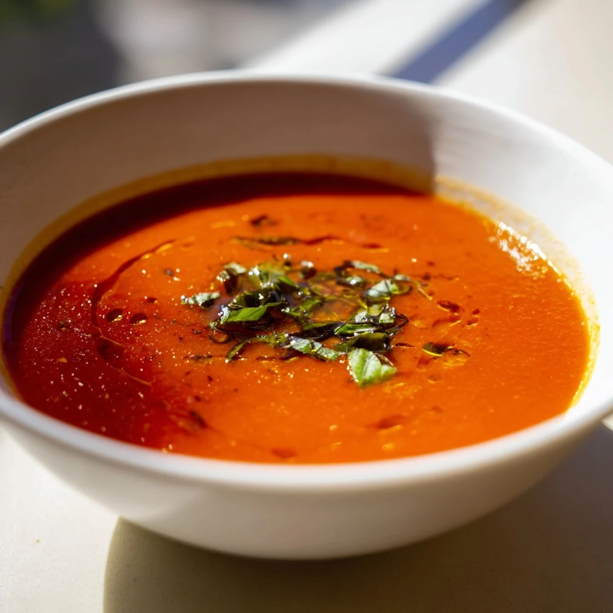 Vibrant red Roasted Garlic and Tomato Basil Soup, a vegetarian delight, with a swirl of cream.