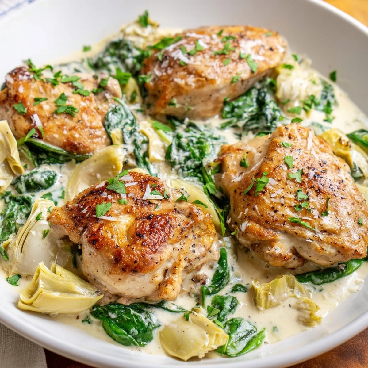 Creamy spinach and artichoke chicken skillet: tender chicken in a rich, creamy sauce, ready to serve with parsley.