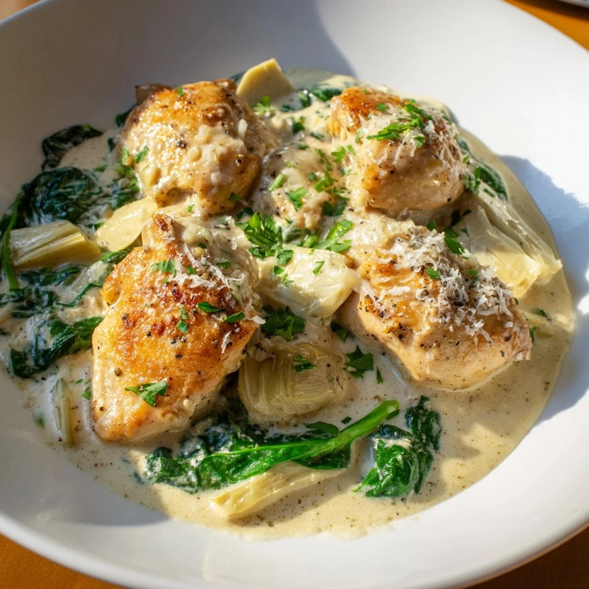 A top-down shot of the luscious creamy spinach and artichoke chicken skillet, a hearty, homemade meal.