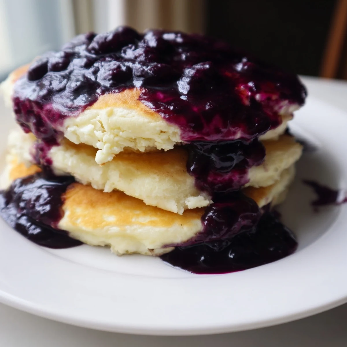 Golden stack of Lemon Ricotta Pancakes drizzled with vibrant, homemade blueberry syrup, ready to eat.