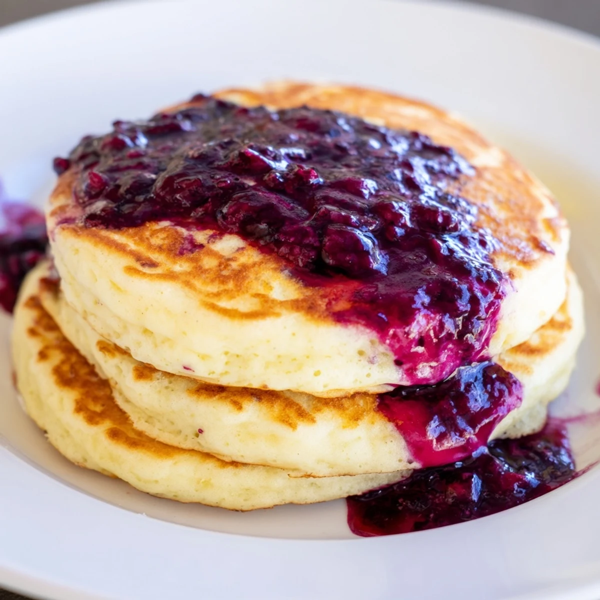 Fluffy Lemon Ricotta Pancakes, with a hint of lemon zest, served with glistening blueberry syrup for brunch.