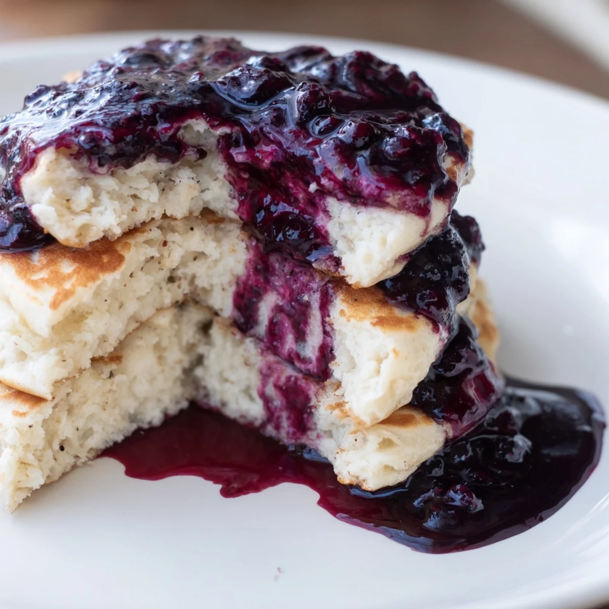 A plate of fresh, warm Lemon Ricotta Pancakes, topped with glistening blueberry syrup, a breakfast treat.