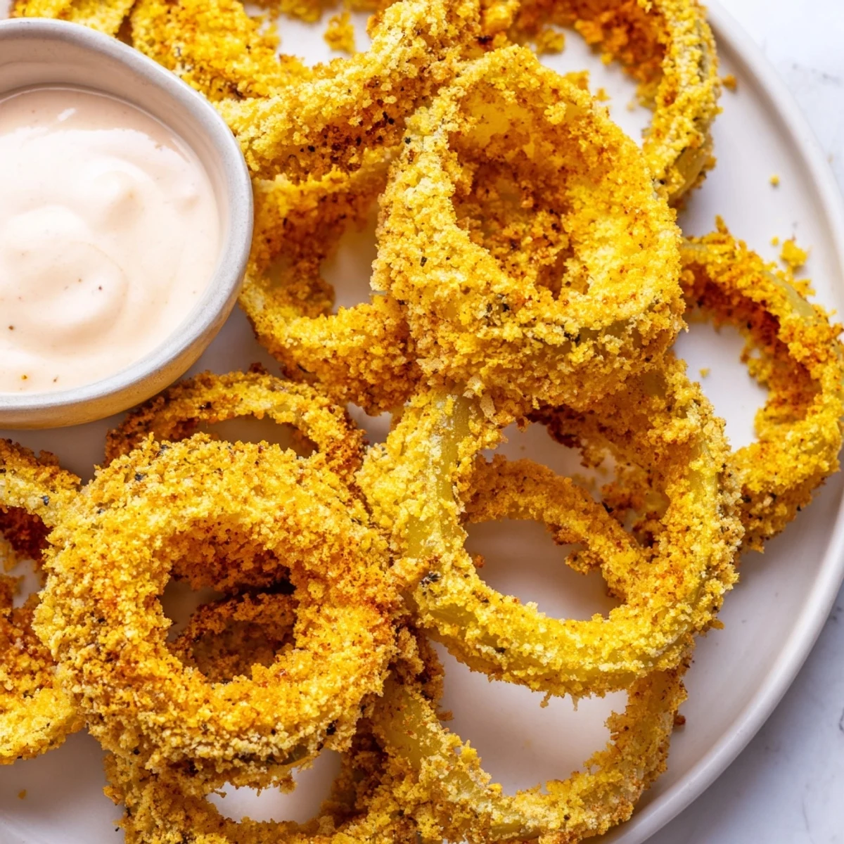 Close-up of golden brown air fryer onion rings with a tantalizing dipping sauce, perfect for sharing.