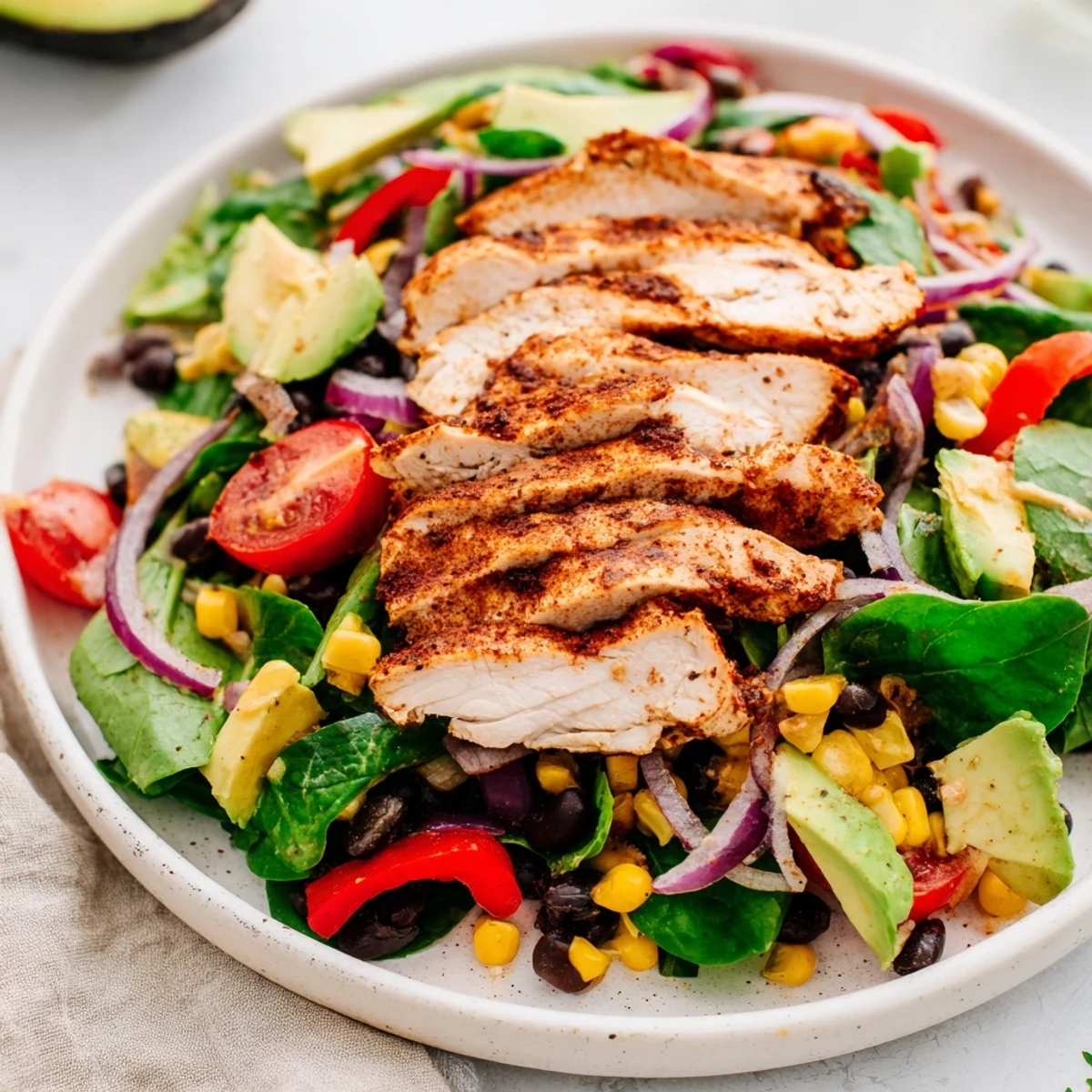 Freshly tossed Southwest Chicken Salad combining grilled chicken, black beans, and a tangy lime dressing.