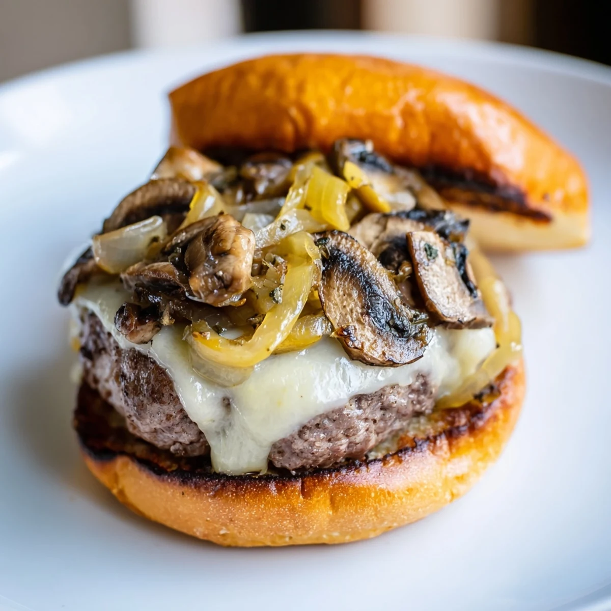Mouthwatering close-up of a Mushroom and Swiss Burger with caramelized onions, ready to eat.