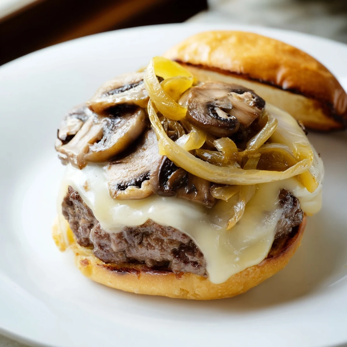 A rich, layered image of a delicious Mushroom and Swiss Burger with fresh toppings.