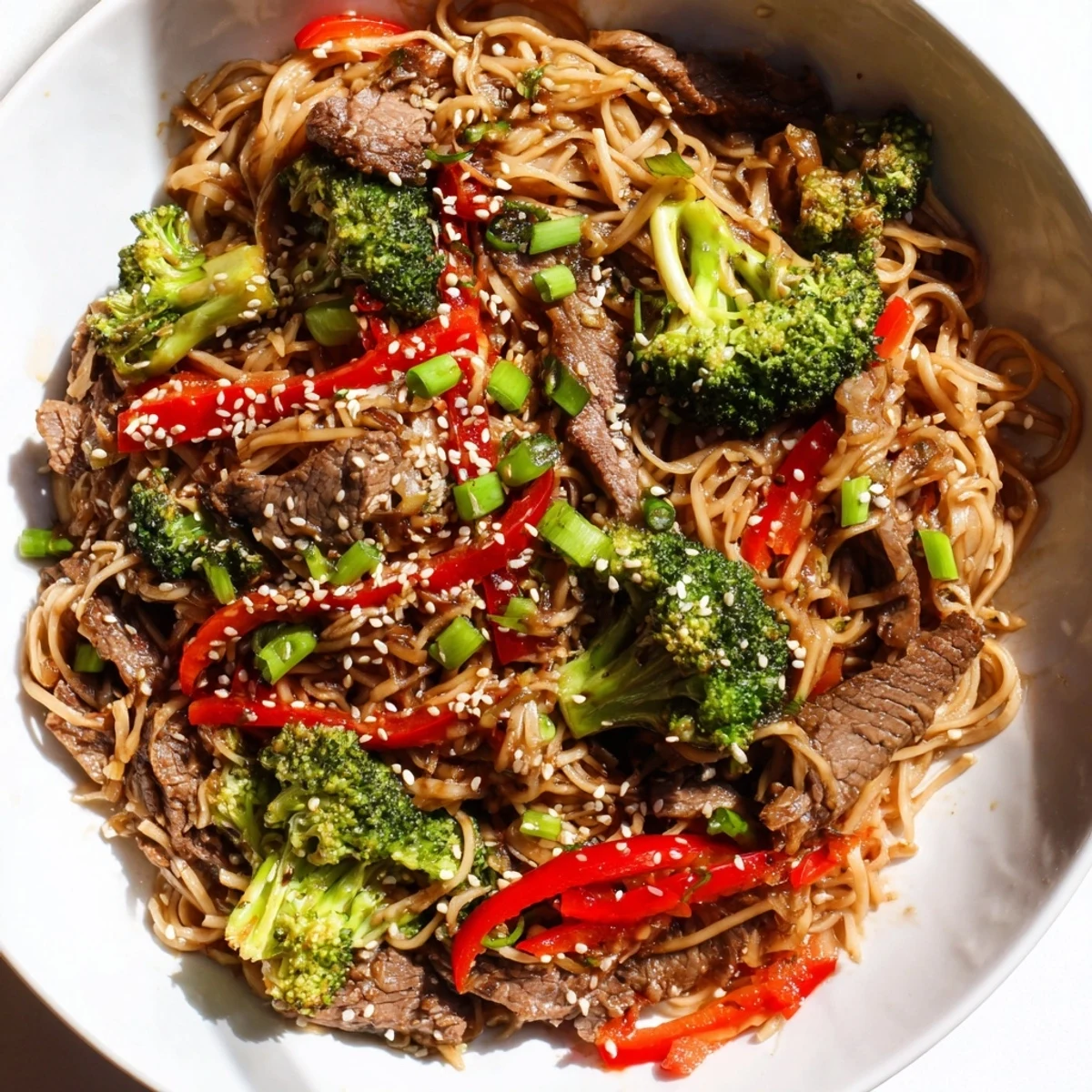 Savory Beef and Broccoli Lo Mein with a glistening sesame sauce, ready to serve and enjoy.