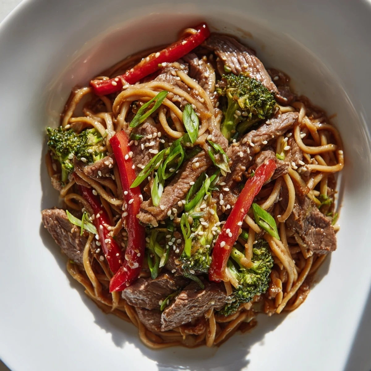 Sizzling Beef and Broccoli Lo Mein with sesame seeds, a delicious Asian noodle feast.