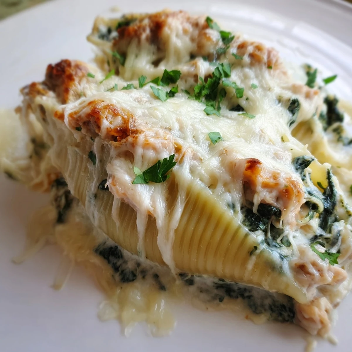 A close-up shows creamy filling spilling from tender pasta shells, bathed in rich Alfredo sauce.