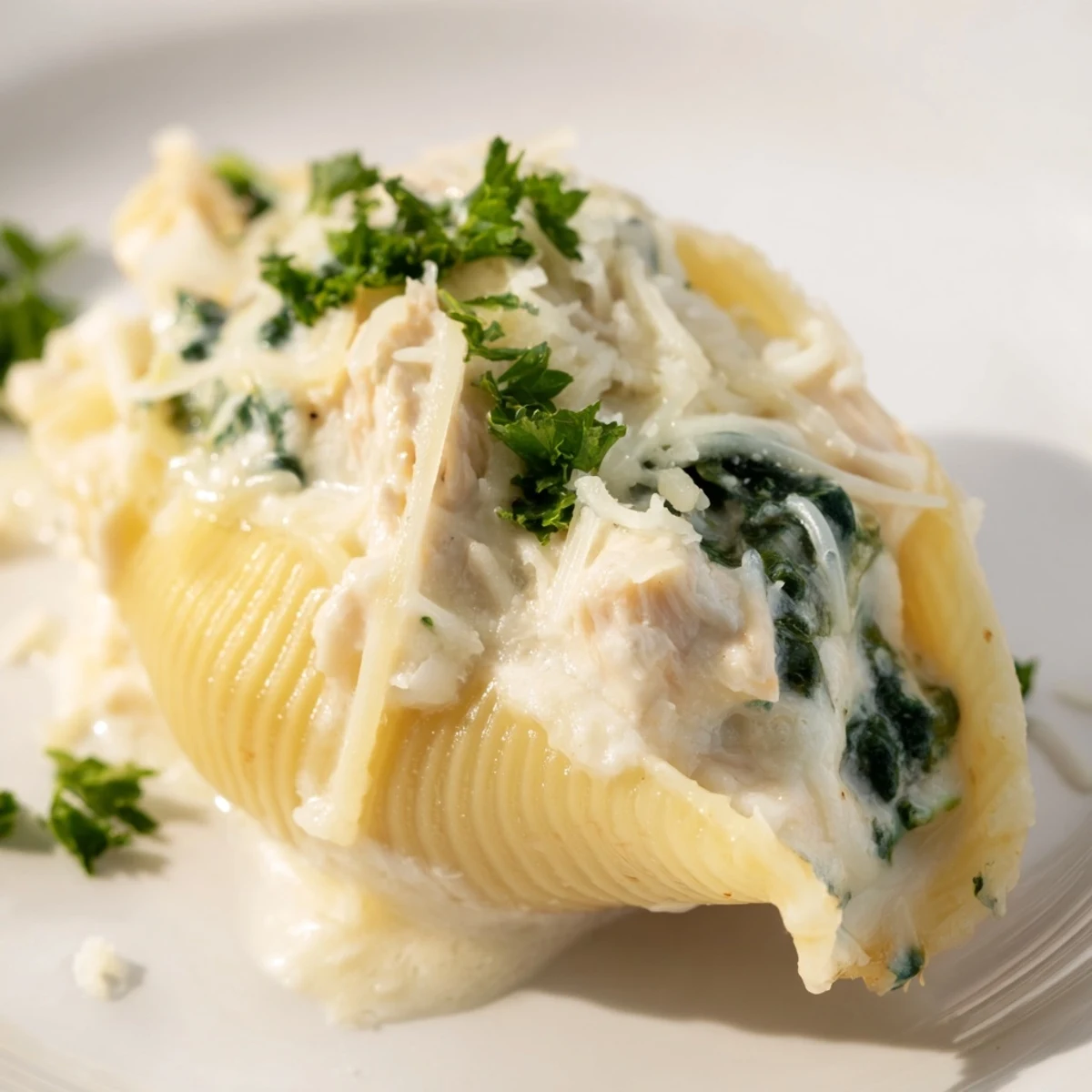 Serve Chicken Alfredo Stuffed Shells with Spinach alongside a crisp green salad and warm garlic bread.