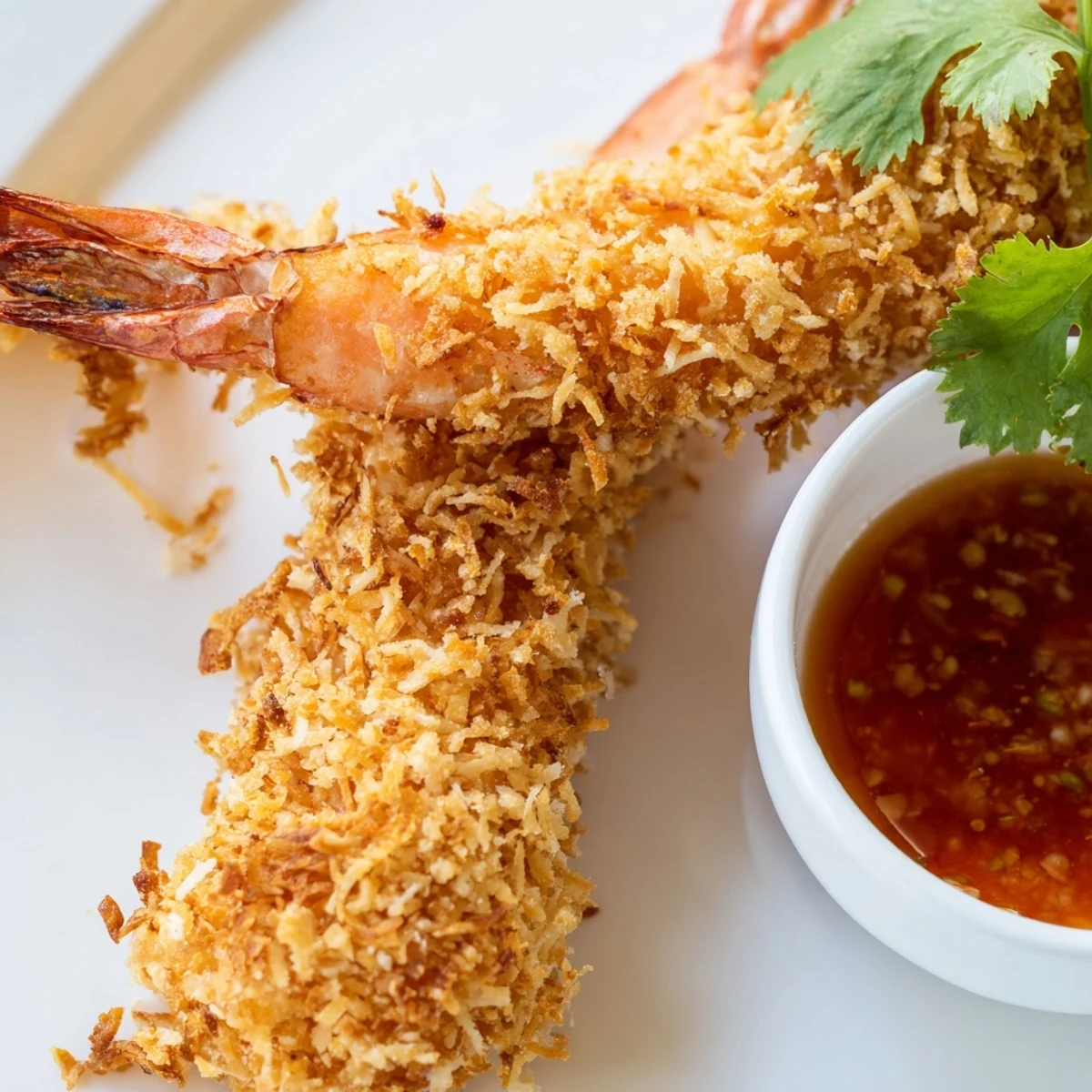 Freshly fried Crispy Coconut Shrimp with a golden coconut crust, served on a white plate with lime wedges.