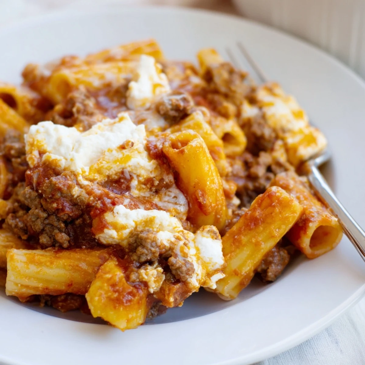 A close-up of Baked Ziti with Ground Beef and Marinara reveals layers of pasta, rich meat sauce, and creamy ricotta.