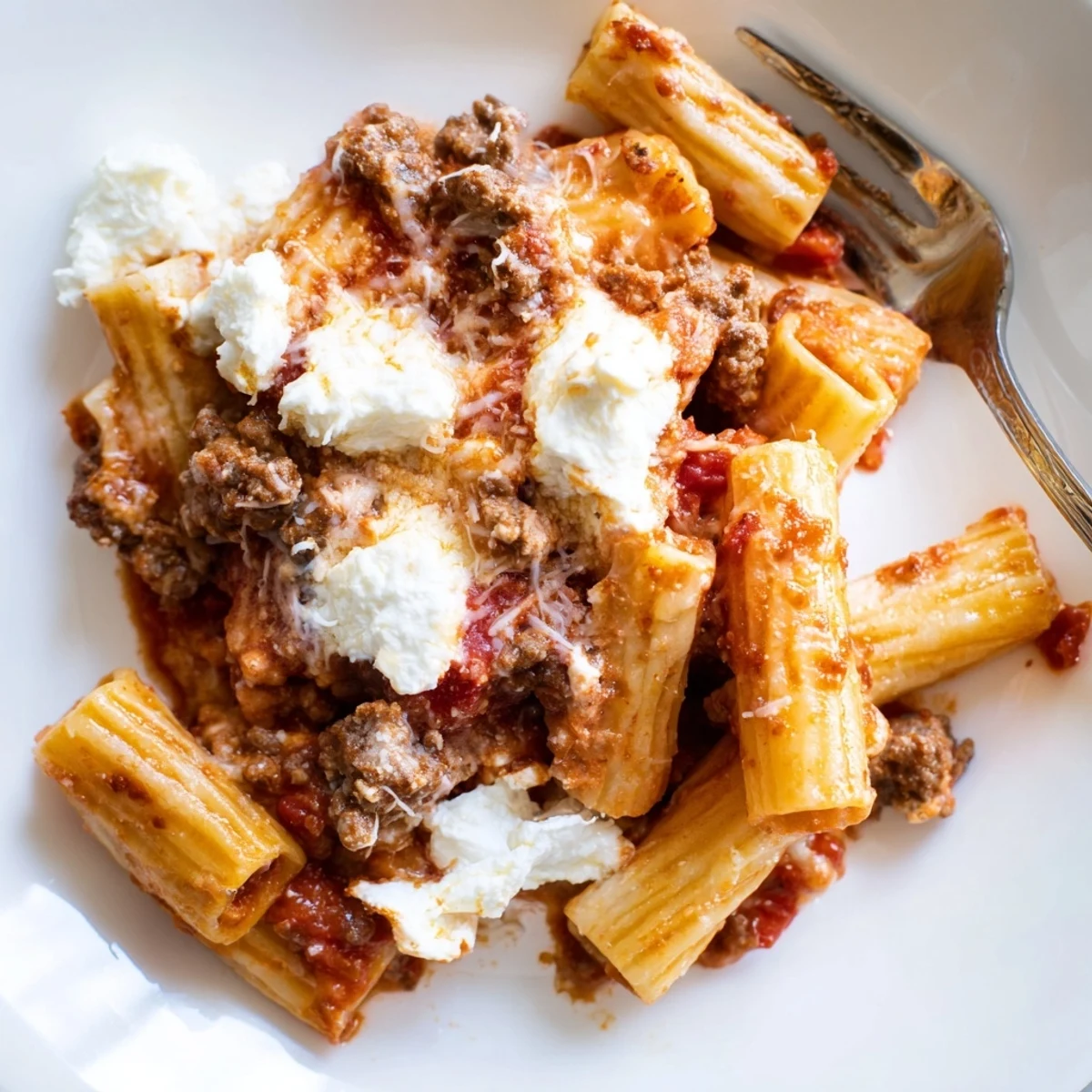 Golden, bubbly mozzarella and Parmesan top a hearty pan of Baked Ziti with Ground Beef and Marinara, fresh from the oven.