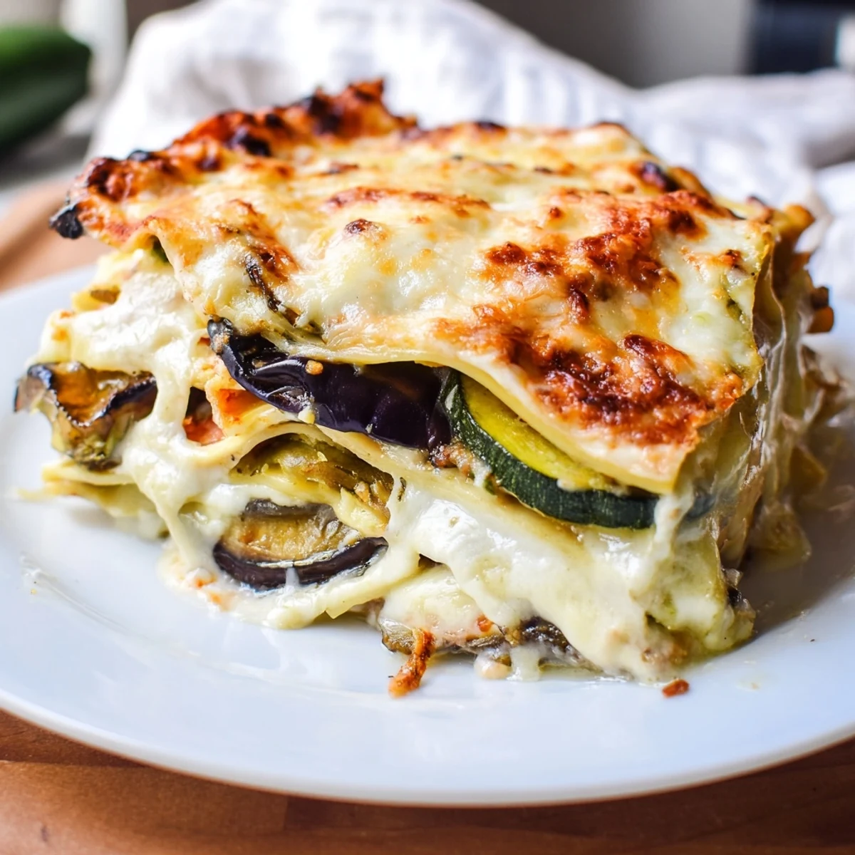 Golden, bubbling layers of Roasted Vegetable Lasagna with Bechamel Sauce are lifted from a ceramic baking dish.