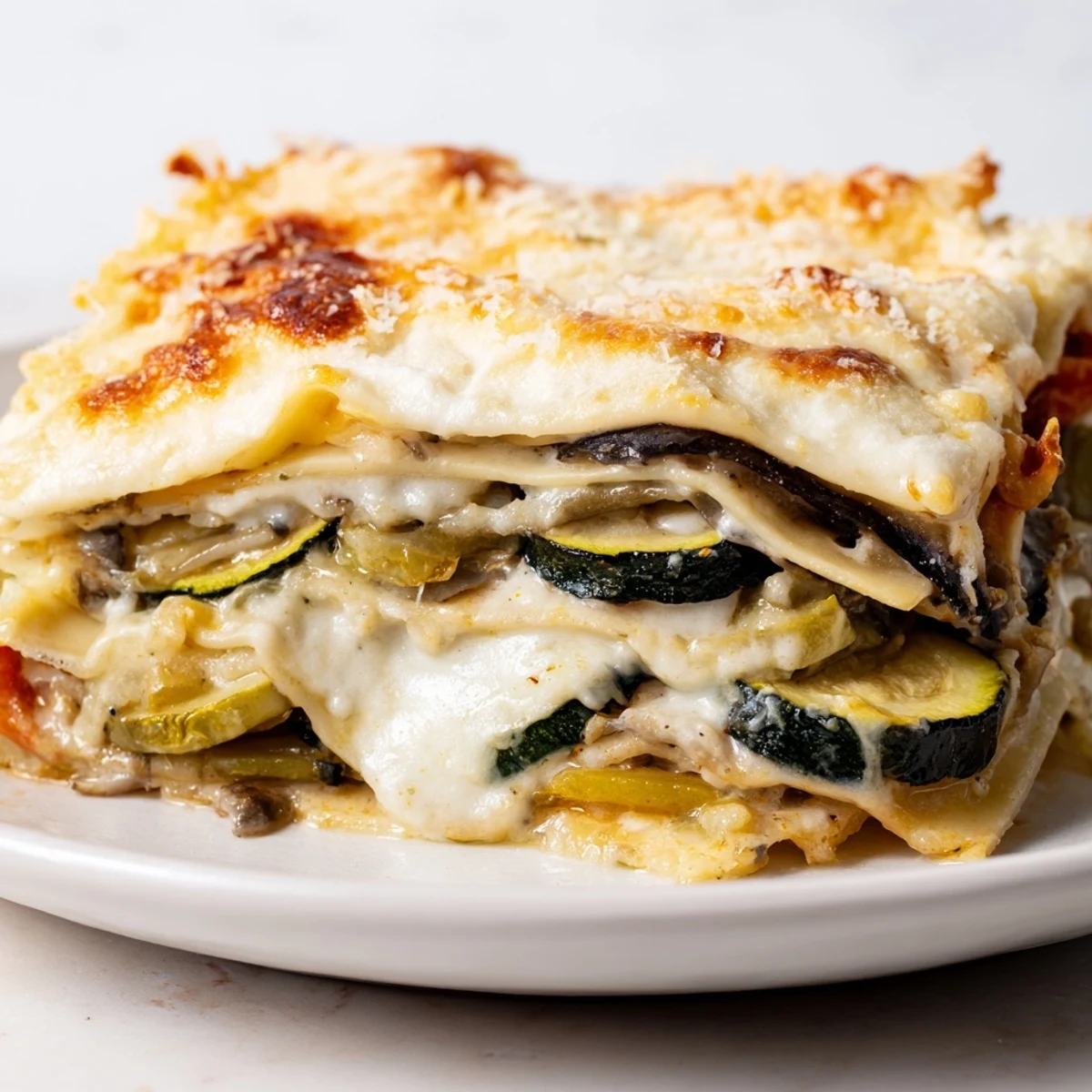 Roasted Vegetable Lasagna with Bechamel Sauce features caramelized peppers, zucchini, and eggplant nestled in creamy layers.