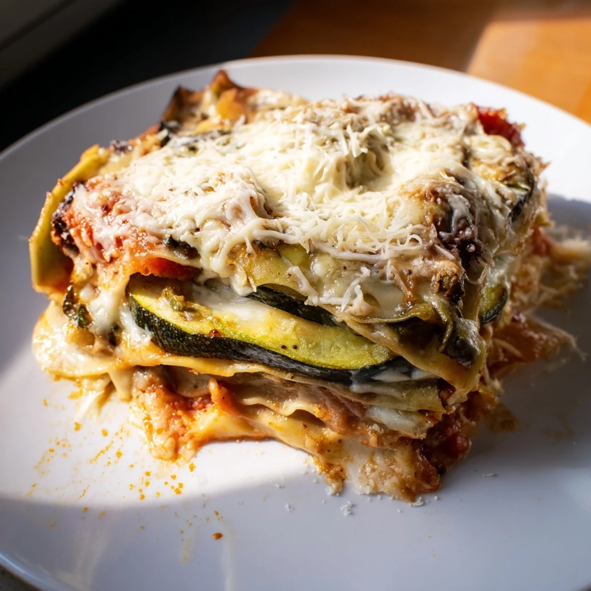 A fork serves a generous slice of Roasted Vegetable Lasagna with Bechamel Sauce on a rustic plate.