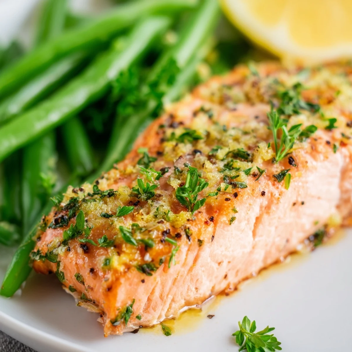 Sheet Pan Salmon and Green Beans with Lemon roasted to golden perfection with vibrant green beans on a single pan.
