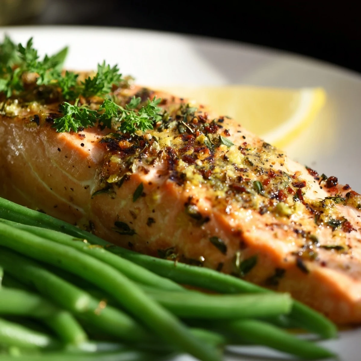 Healthy Sheet Pan Salmon and Green Beans with Lemon served with fresh lemon wedges and parsley garnish on a plate.