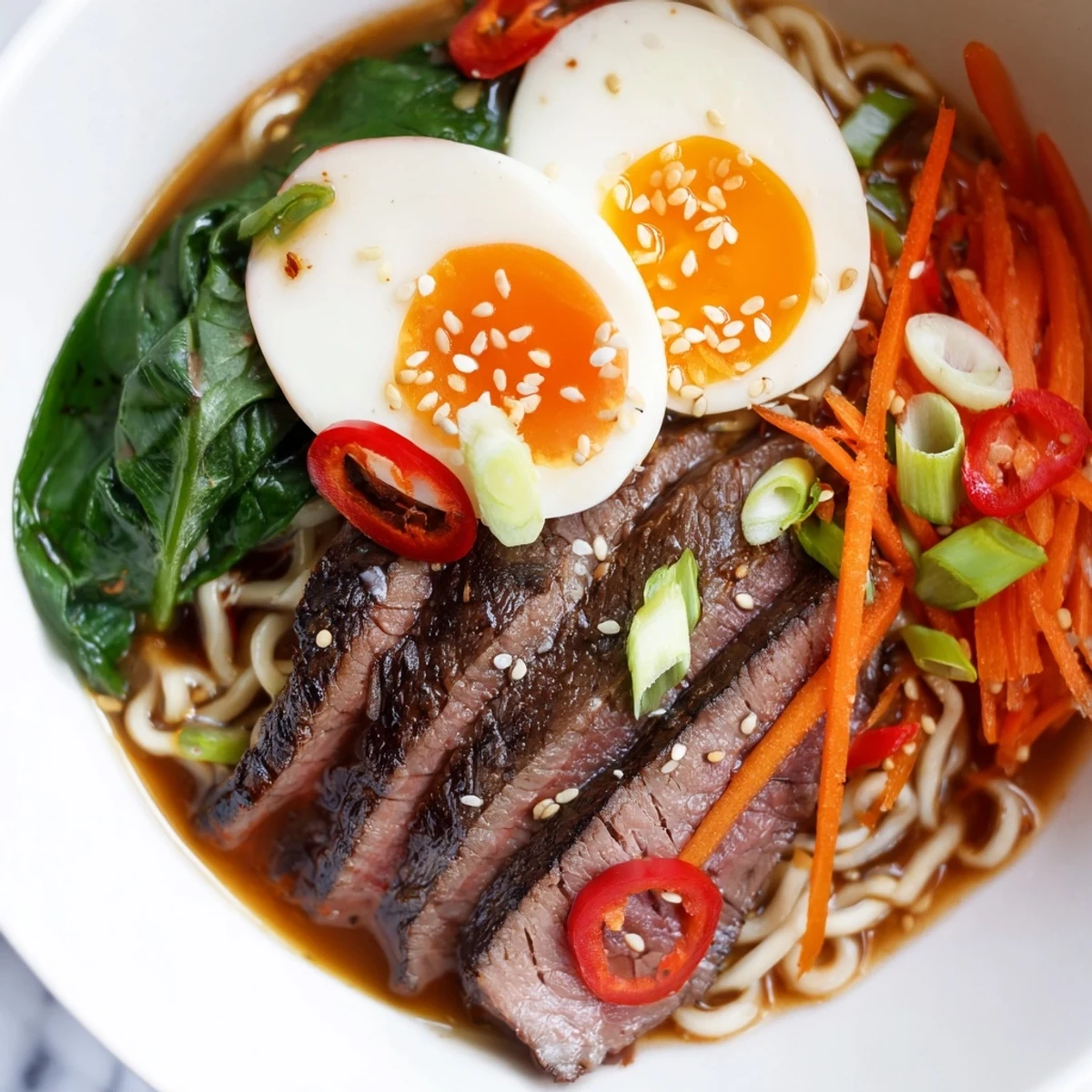 Overhead view of a freshly prepared Spicy Beef Ramen with Soft Boiled Egg, garnished with chili slices and sesame seeds.
