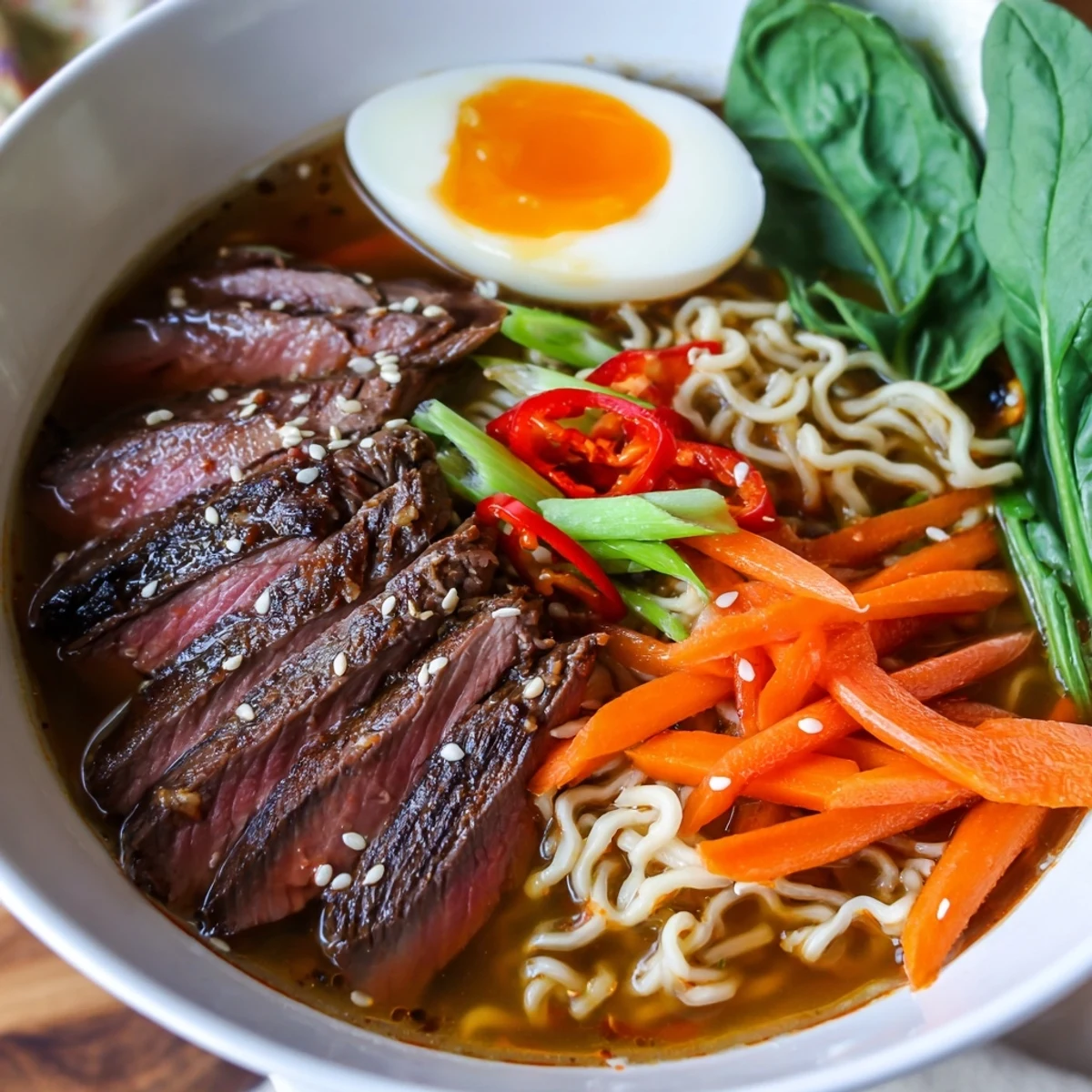 A ladle pours rich, spicy broth over a bowl of Spicy Beef Ramen with Soft Boiled Egg and julienned carrots.