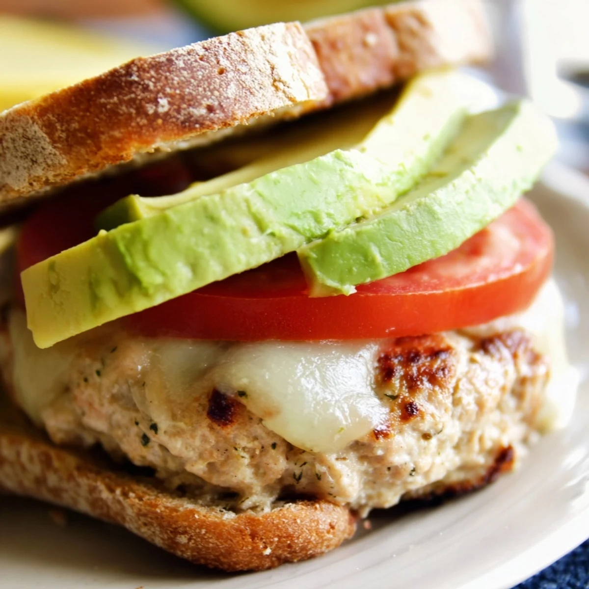 Turkey Burger with Avocado and Swiss Cheese garnished with fresh romaine and tomato on a rustic wooden cutting board.