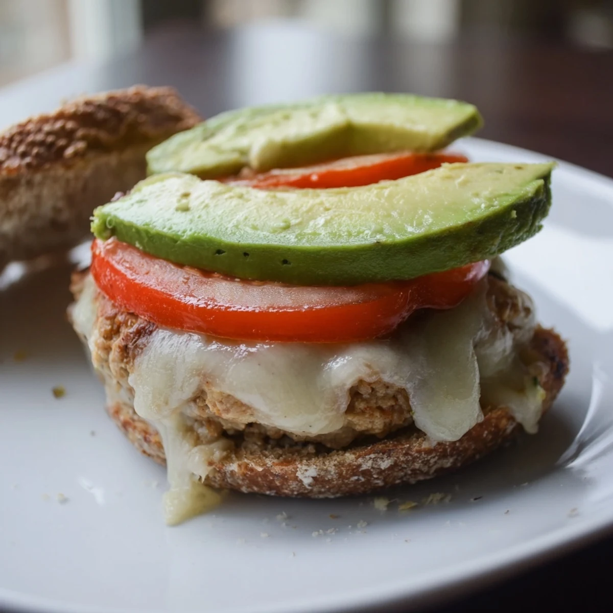 A toasted whole wheat bun holds a juicy turkey burger with melted Swiss cheese and creamy avocado slices.