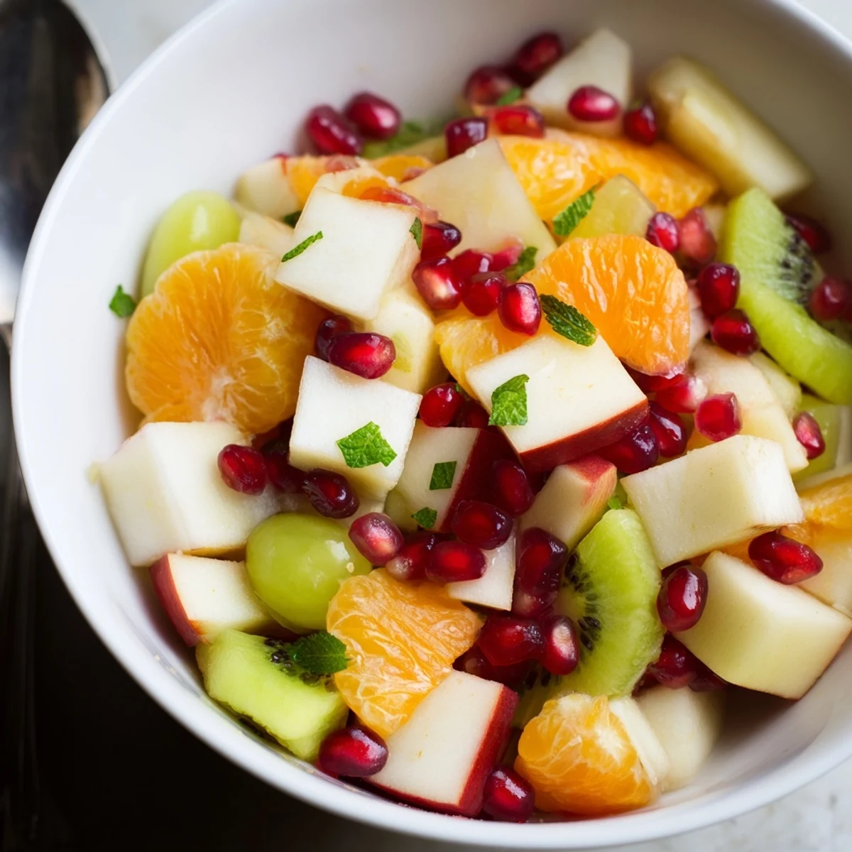 A vibrant bowl of Winter Fruit Salad with Mint and Honey features sliced kiwi, diced pear, and halved red grapes tossed with fresh herbs.