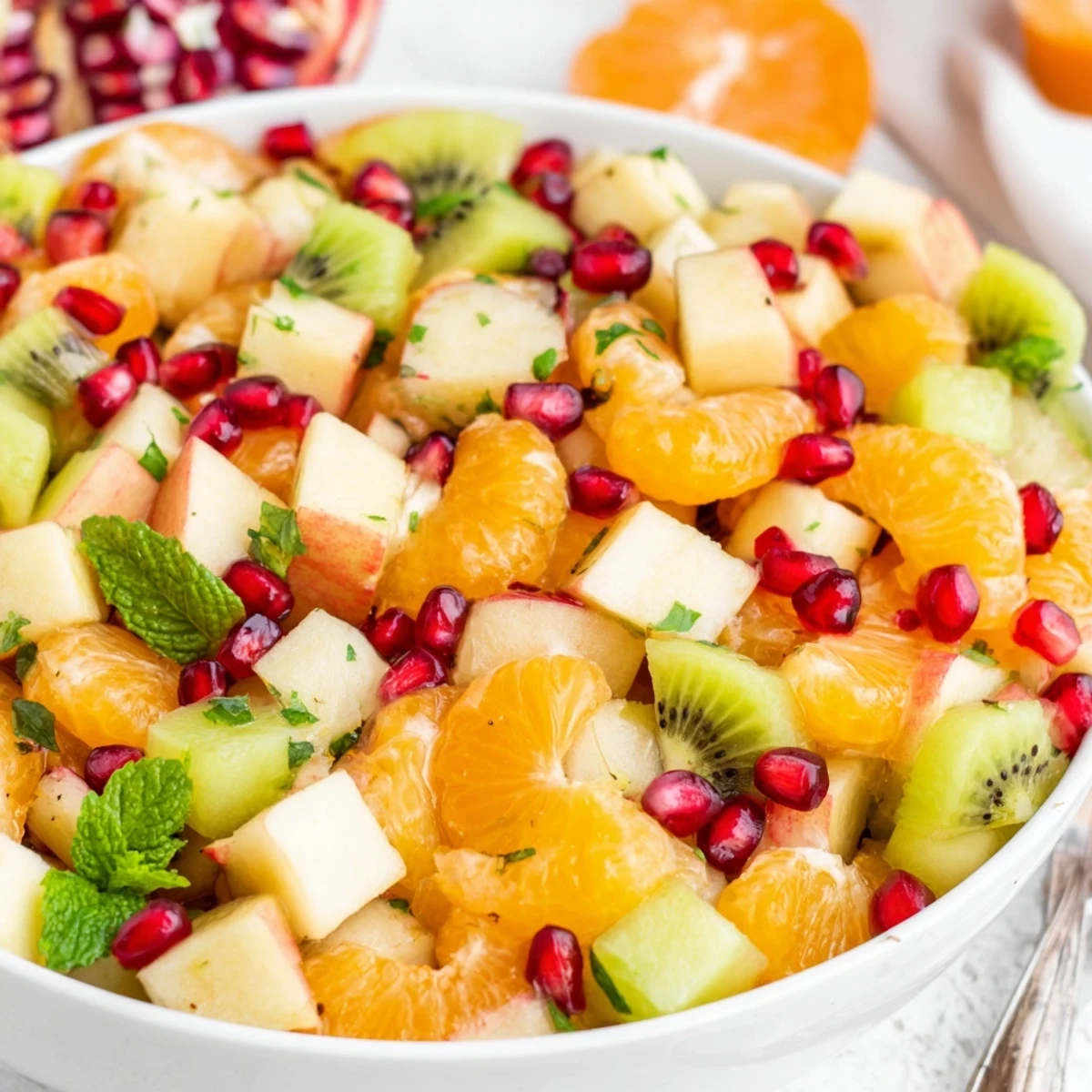 Freshly segmented oranges, crisp apples, and ruby pomegranate arils glisten in this Winter Fruit Salad with Mint and Honey, drizzled for a sweet finish.