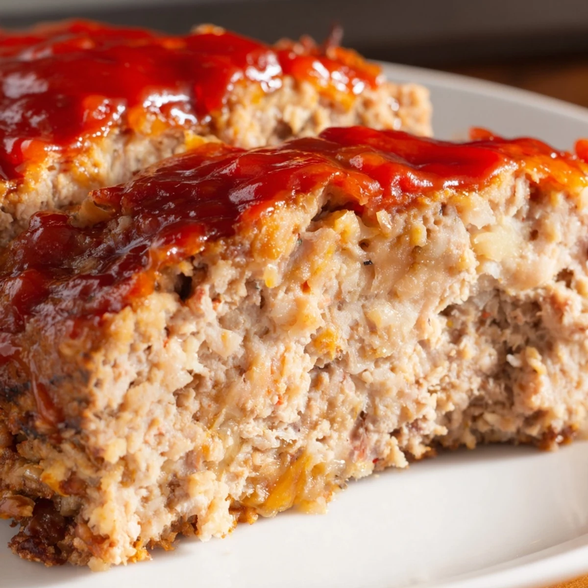 Freshly baked turkey meatloaf topped with sticky ketchup glaze on a white plate, paired with green beans.
