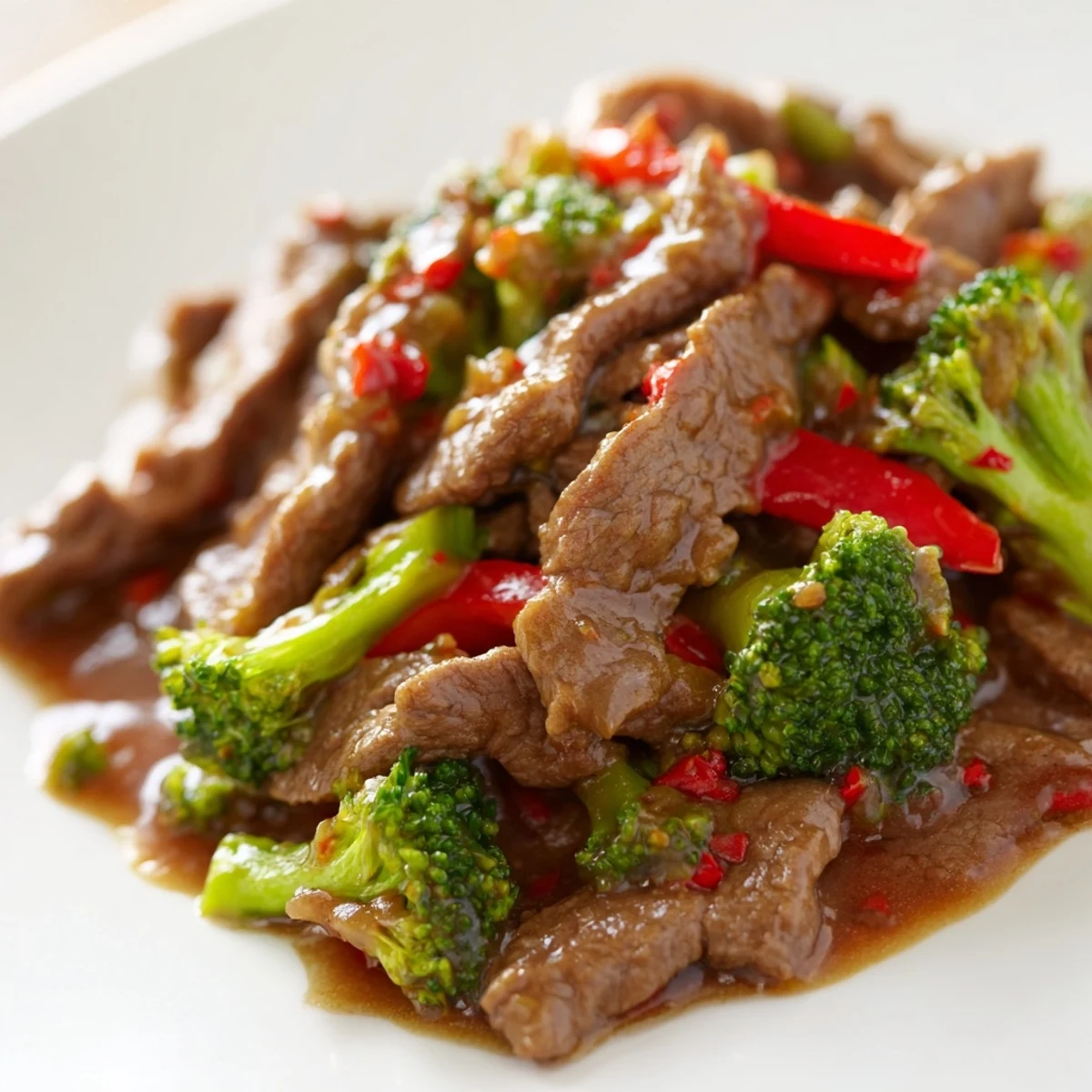Tender beef and steamed broccoli in a spicy sauce served over white rice with sesame seeds.