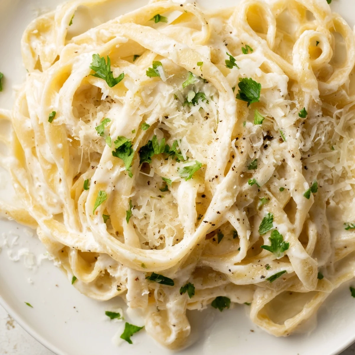 Creamy Alfredo Sauce with Fettuccine tossed in a rich Parmesan cream sauce, garnished with fresh parsley and extra cheese.