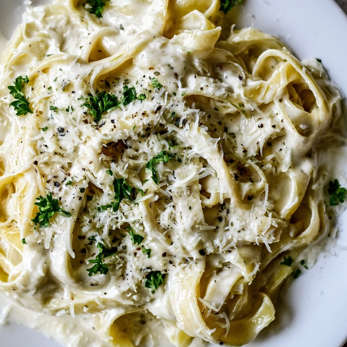 Steaming bowl of Creamy Alfredo Sauce with Fettuccine featuring velvety garlic cream sauce coating every strand of pasta.