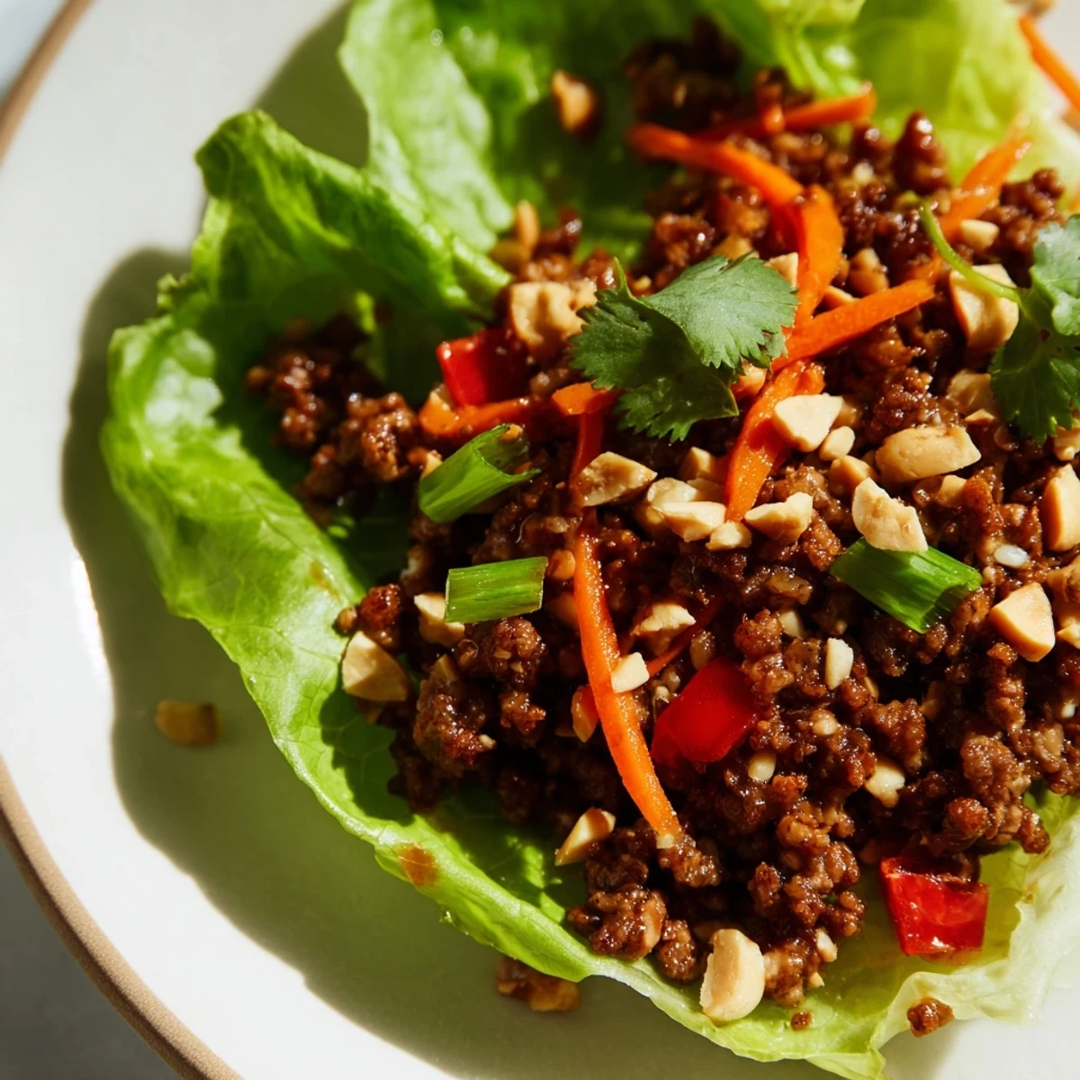 A close-up shows warm Beef Lettuce Wraps with Peanuts, garnished with crunchy peanuts, cilantro, and lime wedges for a zesty, dairy-free weeknight meal.