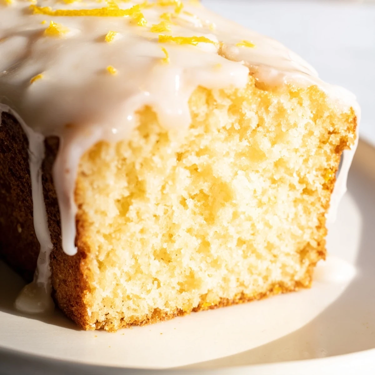 A slice of Lemon Loaf Cake with Icing is ready to serve on a floral plate, accompanied by a hot cup of coffee for a cozy morning treat. 