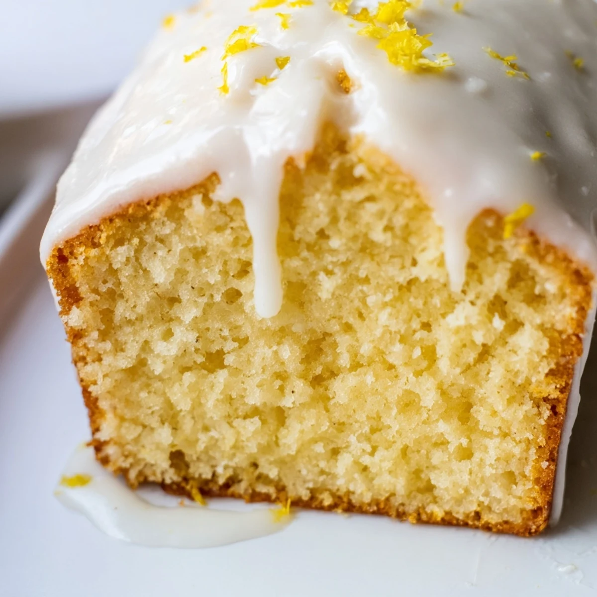 Overhead shot of Lemon Loaf Cake with Icing on a wooden board, featuring a whole loaf with thick drizzles of zesty glaze and lemon zest garnish.