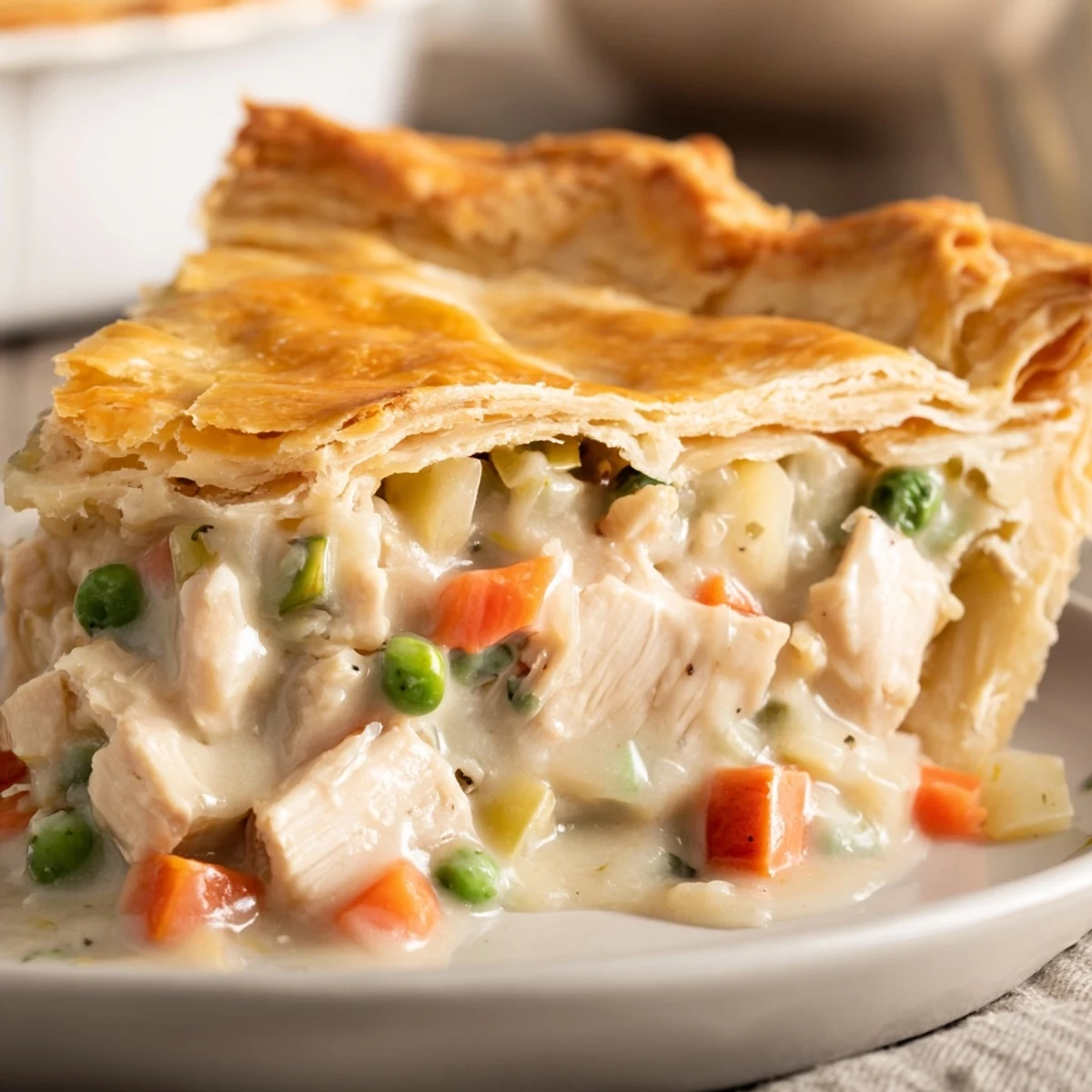 Golden, flaky crust tops the steaming Chicken Pot Pie, revealing creamy filling with tender chicken and peas.