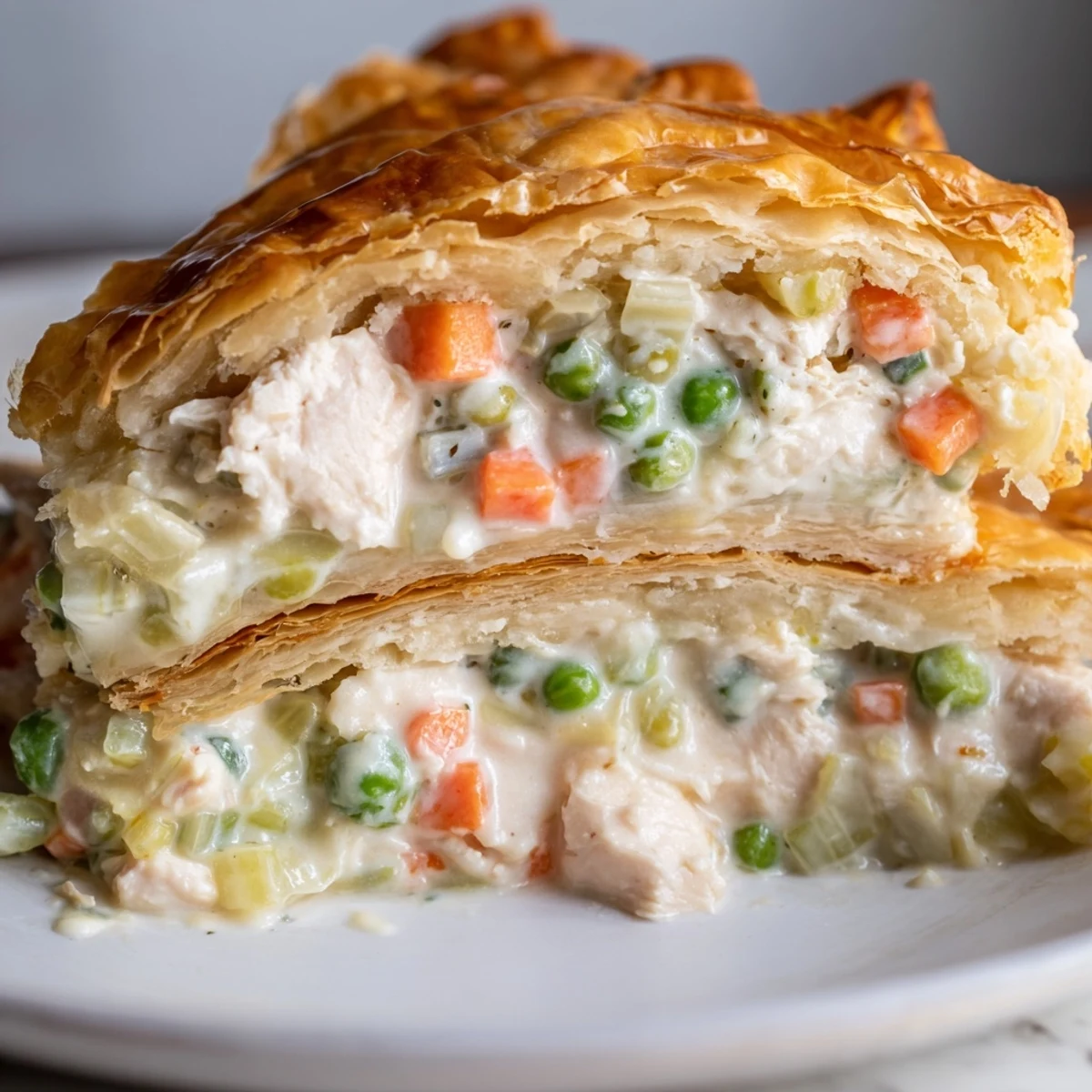 A rustic white dish holds the homemade Chicken Pot Pie, served warm with a golden egg-washed top.