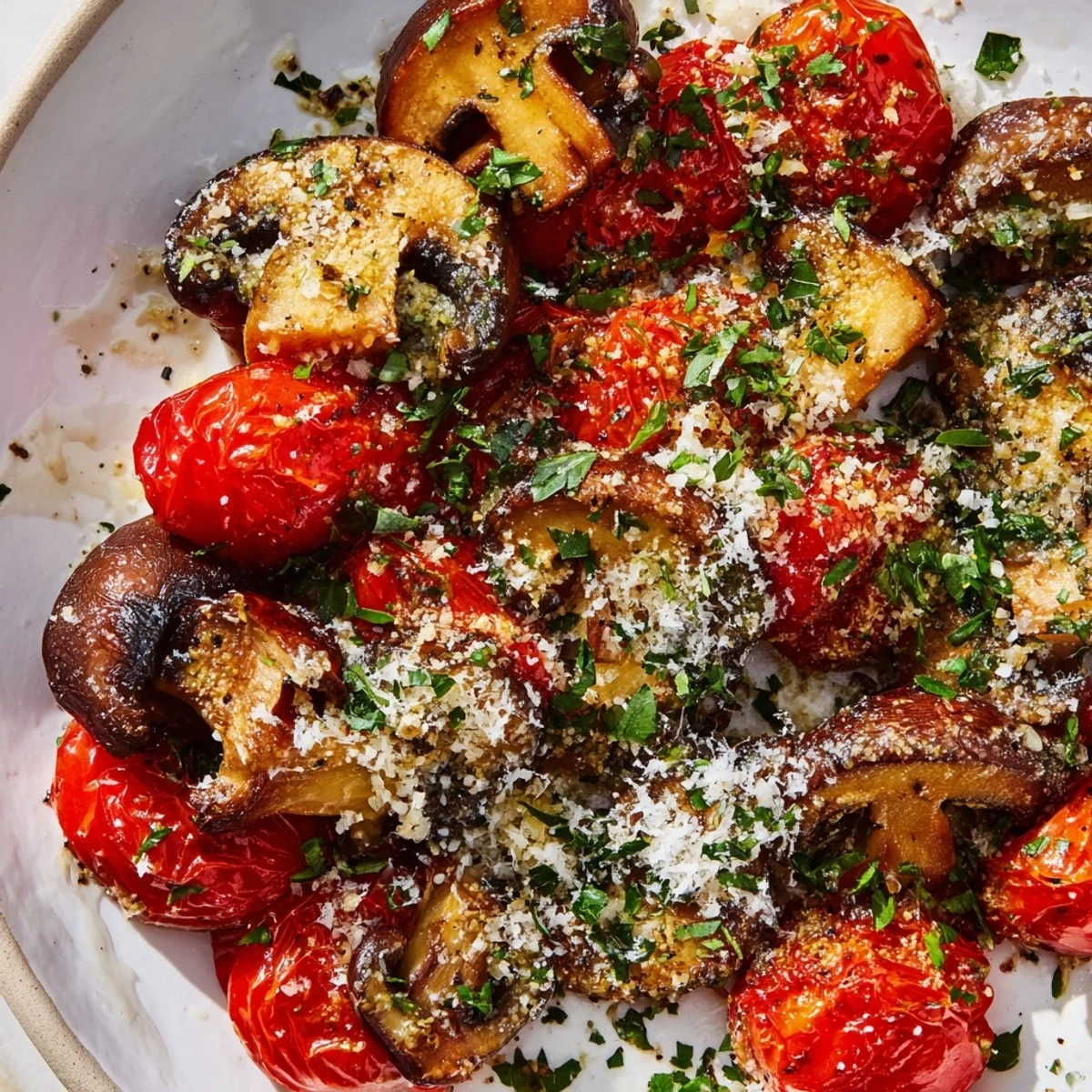 Freshly roasted vegetables with Italian seasoning, glistening with olive oil and herbs, served warm from the oven.