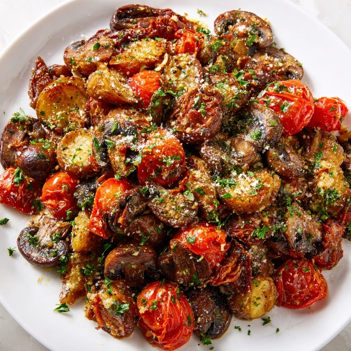 Tender roasted veggies with Italian seasoning on a platter, ready to accompany grilled chicken or pasta.