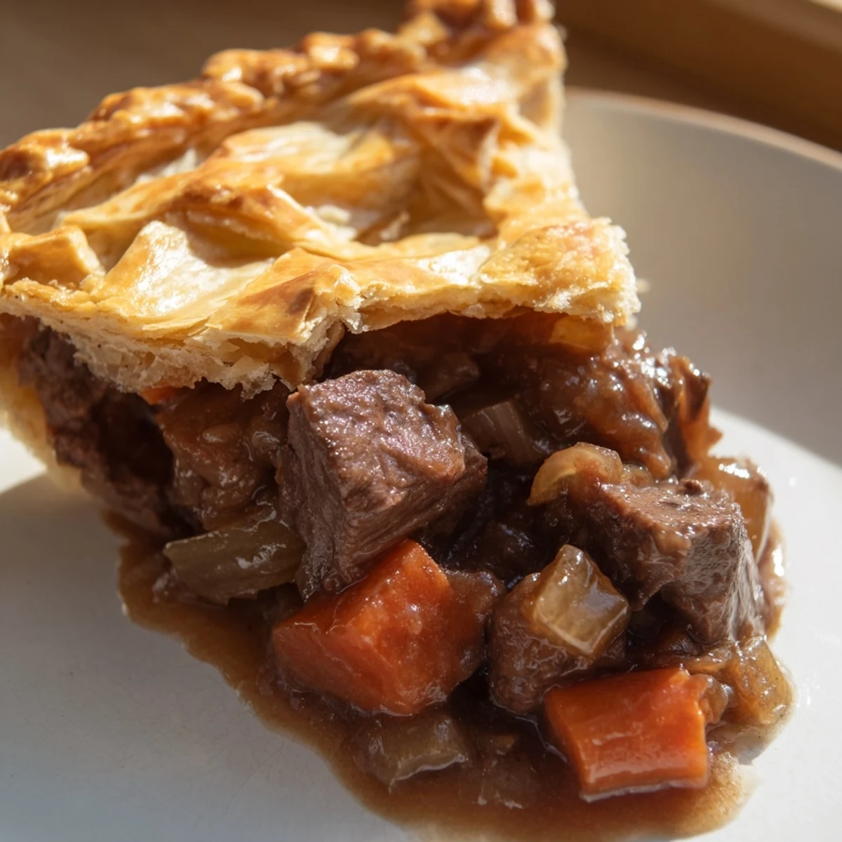 A golden, flaky Savory Beef and Ale-Free Pie rests, steam rising from rich gravy, ready to slice and serve with mashed potatoes.