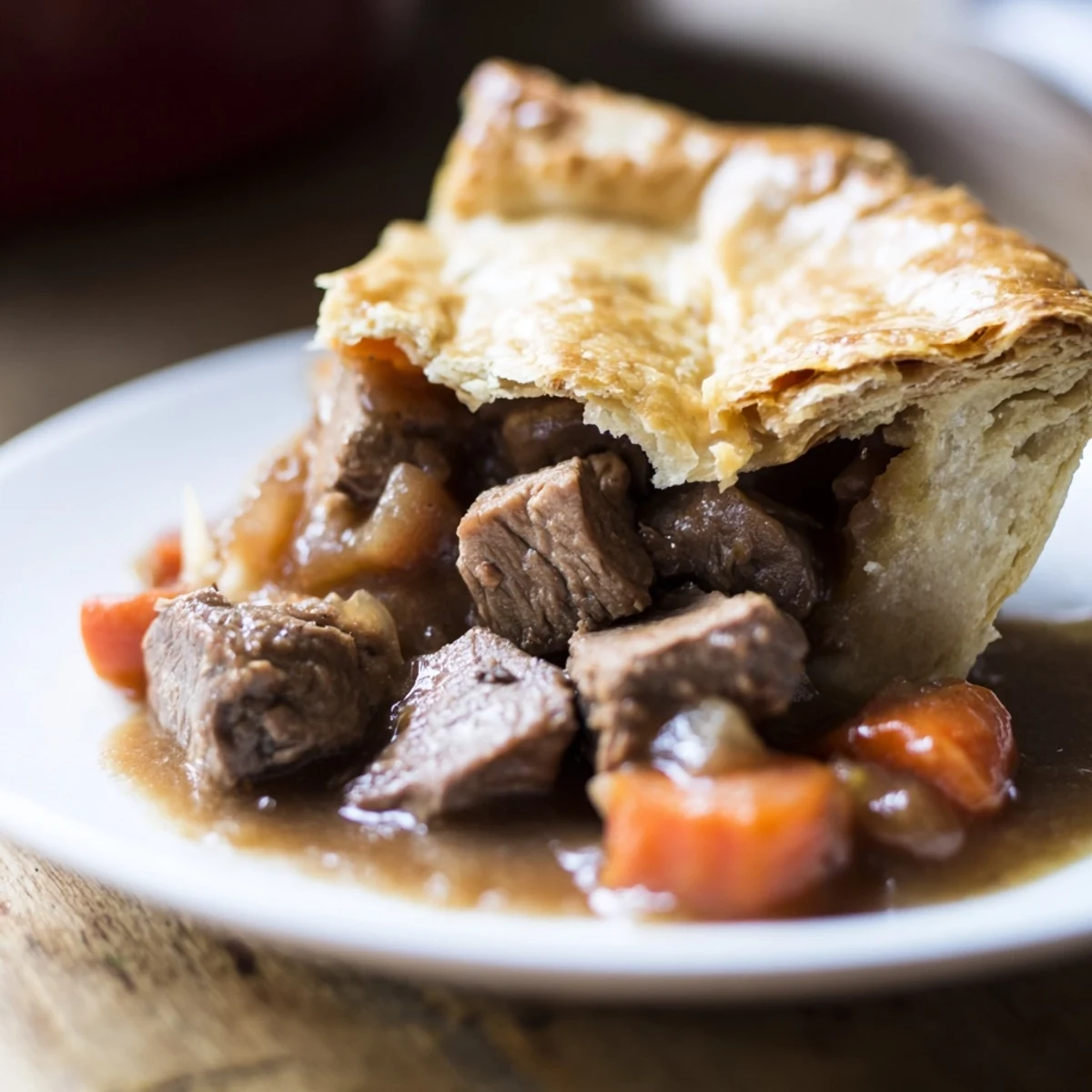 Close-up of Savory Beef and Ale-Free Pie, flaky pastry brushed golden, vent cut in top, surrounded by fresh thyme for a homey, inviting look.
