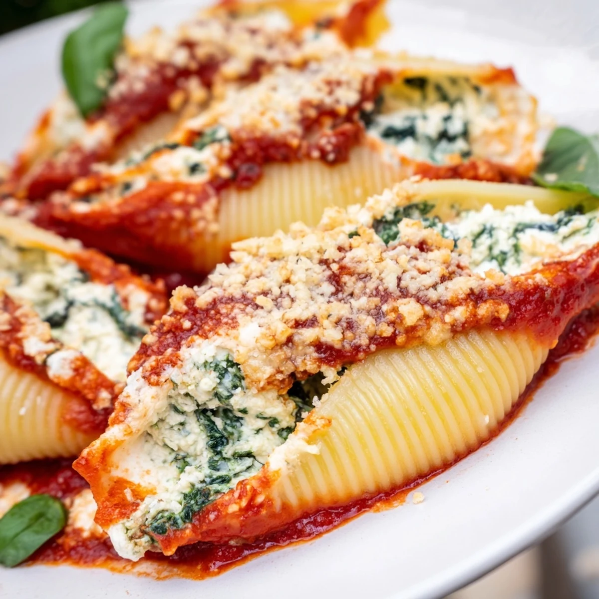 Creamy Spinach and Ricotta Stuffed Conchiglie served on a rustic plate with fresh basil garnish.