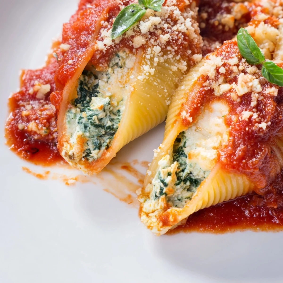 Close-up of Spinach and Ricotta Stuffed Conchiglie revealing a cheesy, vibrant green filling in jumbo shells.