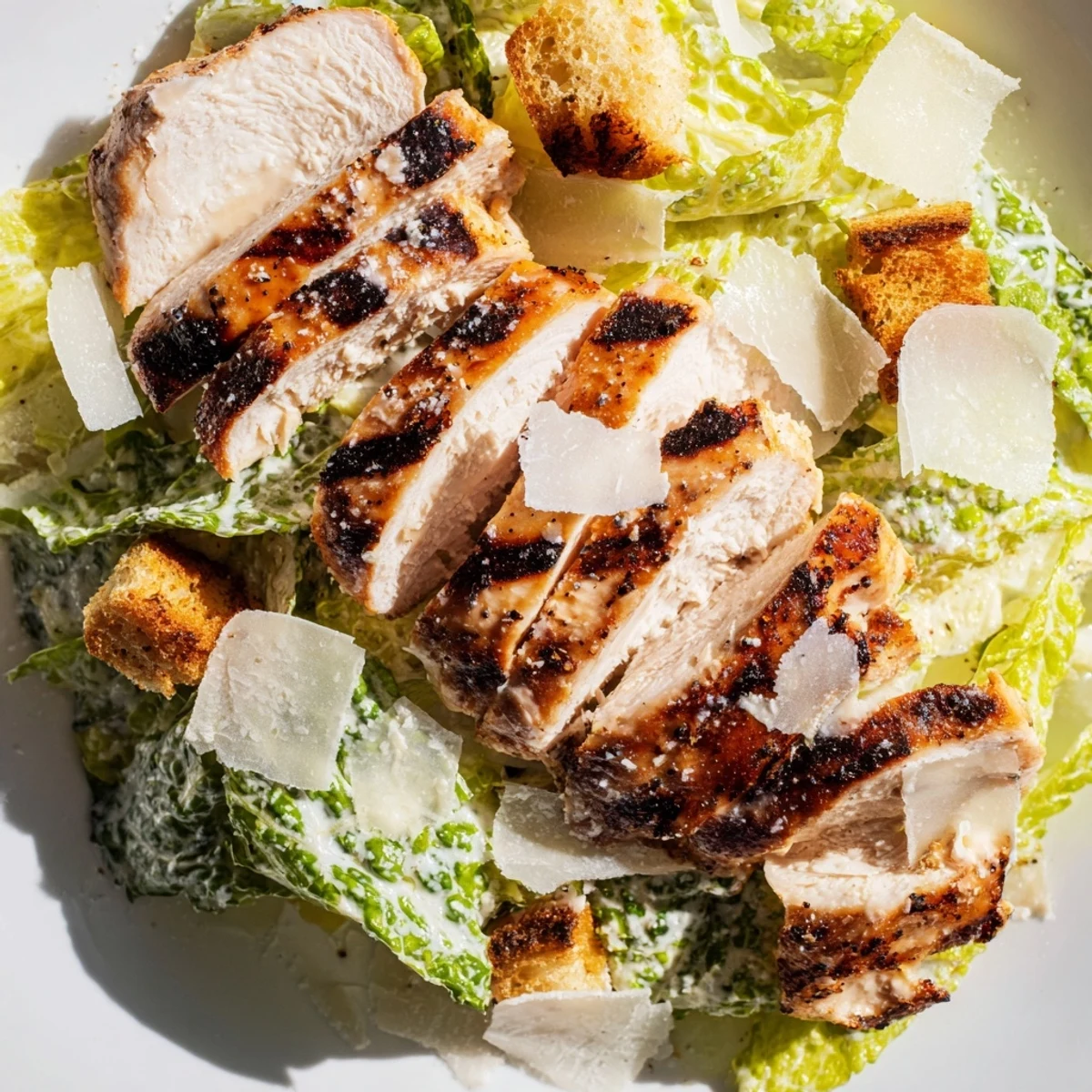 Grilled chicken slices rest atop a Classic Caesar Salad with Grilled Chicken, garnished with shaved Parmesan.