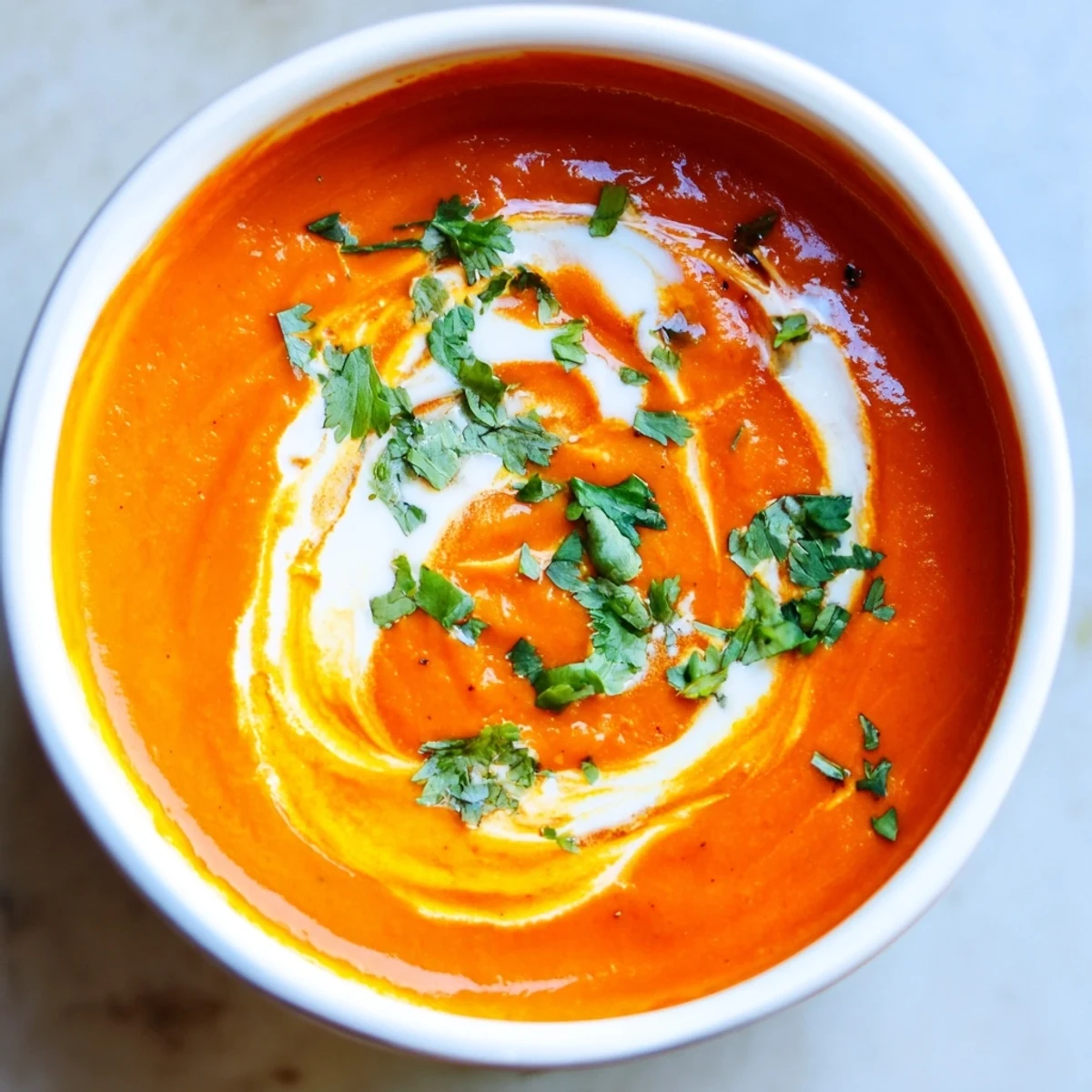 Roasted Red Pepper and Sweet Potato Soup, garnished with coconut cream and fresh cilantro, in a rustic bowl.