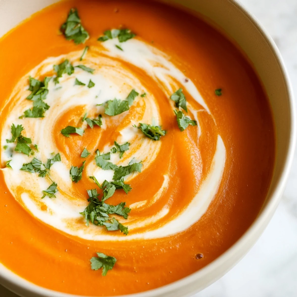 Silky Roasted Red Pepper and Sweet Potato Soup, blended smooth and served warm with a swirl of cream.